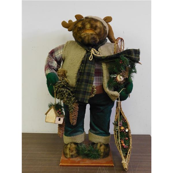 Festive Holiday Moose Figurine Wooden Base Christmas Plushie Decor