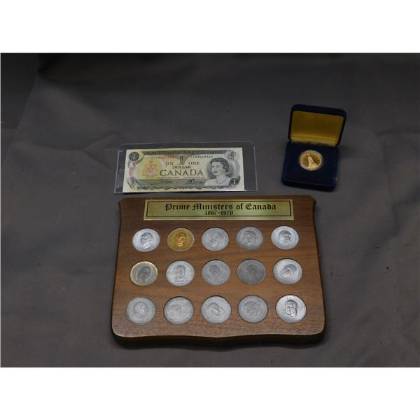 3pc Canadian Dollar Bill, Dollar Coin Loonie 1994 and Prime Ministers of Canada 1867-1970 Plaque