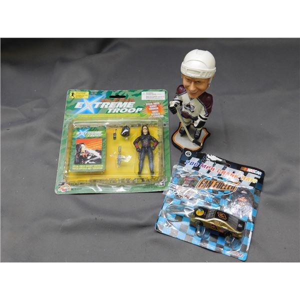 3pcs Hockey NHL Bobble Head, GI Joe Knockoff Action Figure & Die Cast Toy Car