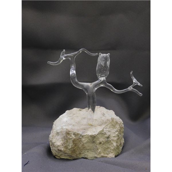 Glass "Owl Sitting In Tree" Mounted in Rock Decoration