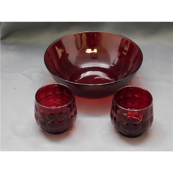 3pcs Red Ruby Glass Bowl and 2 Cups