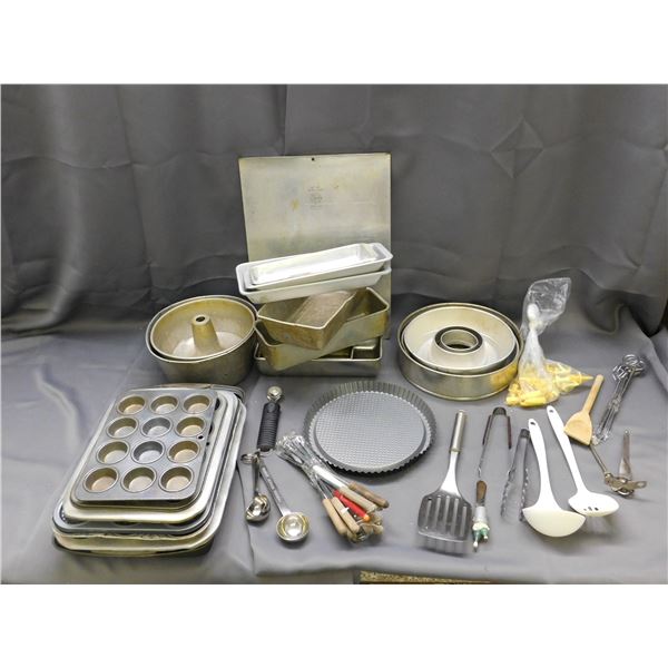Lot of Assorted Aluminum Kitchen Ware, Baking Trays, Cupcakes, Cake Molds, Utensils, Loaf Pans, Etc