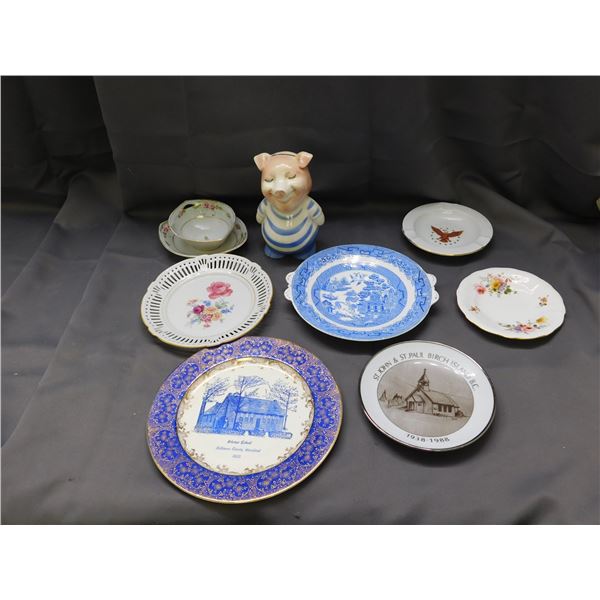 Lot of Collectible Porcelain Plates, Bavaria Ash Tray, Royal Copley Ceramic Piggy Bank, Tuscan