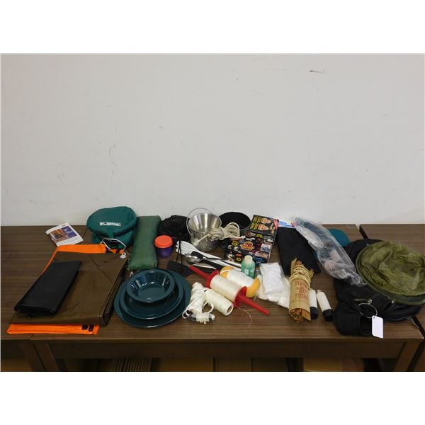 LARGE Bundle of Camping Supplies, Cooking, Tent, String, Pots, Bowls, Utensils, Firestarter, Etc