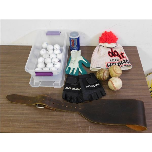 Lot of Assorted Golf Balls, Baseballs, Weldwood Beanie Hat, Gloves, Etc