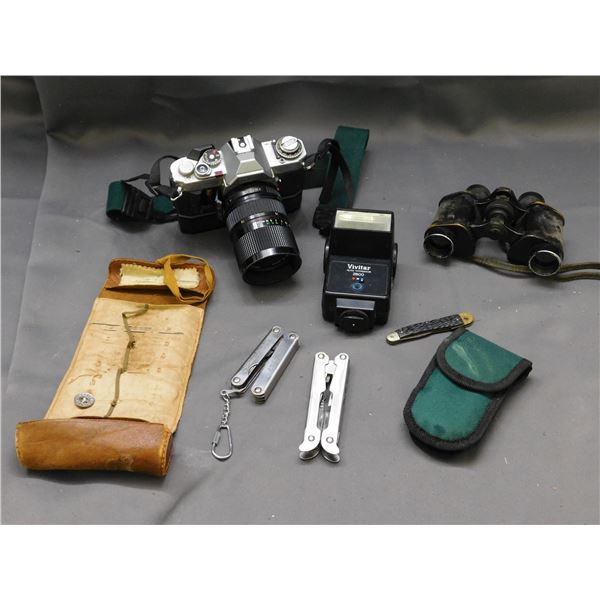 Canon AV-1 Camera *as is*, Binoculars, Vivitar Flash, Pocket Pliers, Knife, Etc