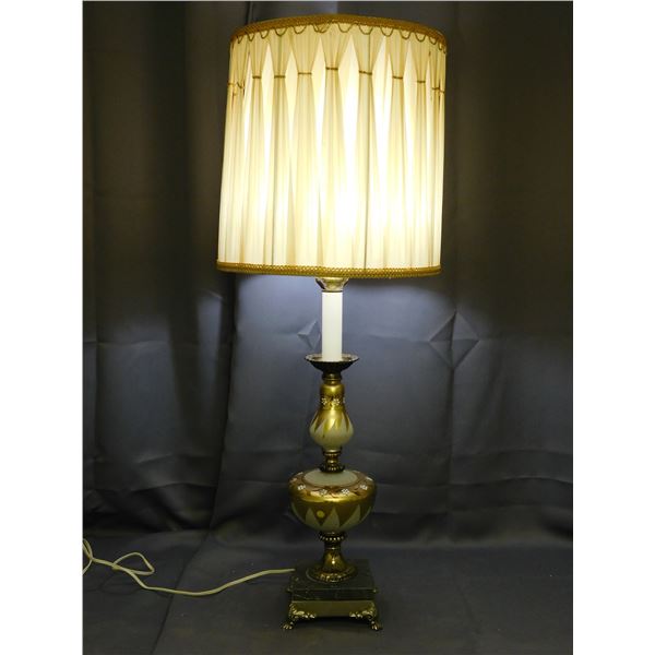 Marble Base Vintage Gold & White Lamp with Fabric Shade Ornate *works*