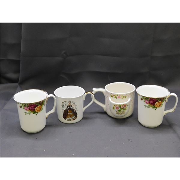 4 x coffee cups including Old Country Rose & biscuit holder cup