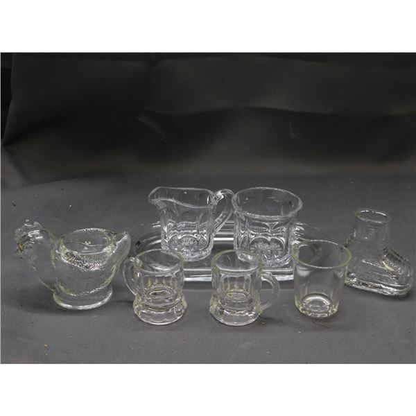 8 pcs Clear Glass Mini Collectible Shot Glasses including glass hen and cream & sugar set