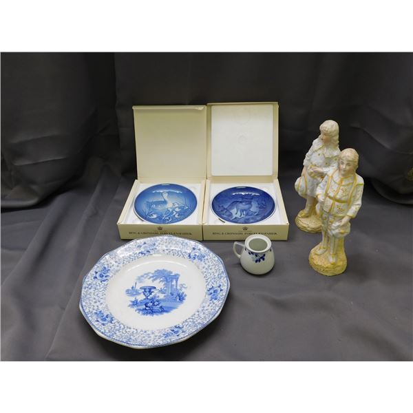 6pcs Assorted China Bing & Grondahl Copenhagen Plates x2, x2 Figurines, 1 Large Server Plate,
