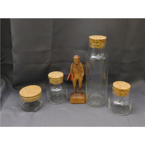 5pcs Glass Jars with Cork Lids and Wooden Figurine by Caron Les St Jean Port Joli