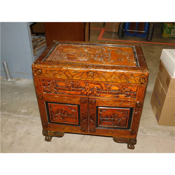 Carved Ornate Wooden Side Table with Drawers