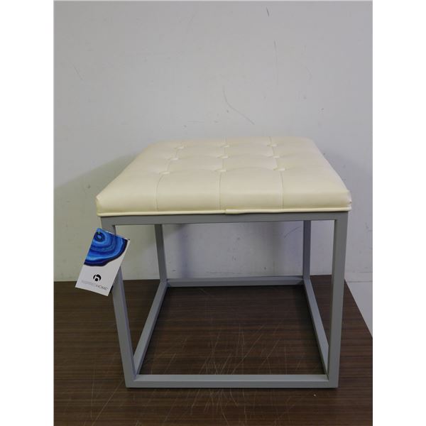 Inspired Lucas Button Tufted Cream Leather Ottoman / Stool BRAND NEW