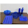 Image 1 : Lot of Blue Plastic & Glass Kitchen Wares Salad Server with 5 Bowls, Cobalt Vases, Cutlery Tray