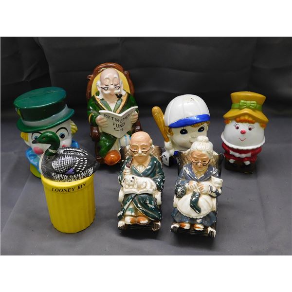 Lot of 7 Ceramic / Plastic Figural Piggy Panks Humpty Dumpty, Retirement Fund, Clown, Loon, Etc