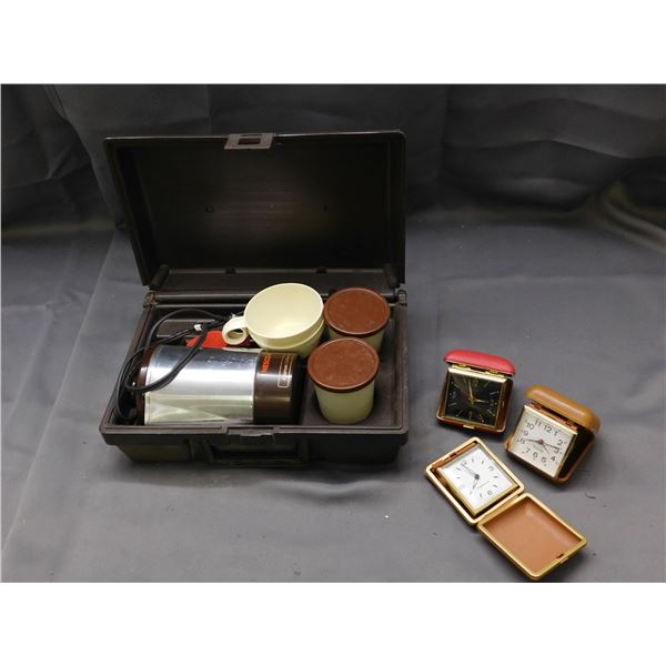 Lot of 3 Vintage Travel Clocks (1 damaged) and NESCO 4 Coffee Maker with Cups, Accessories, Case