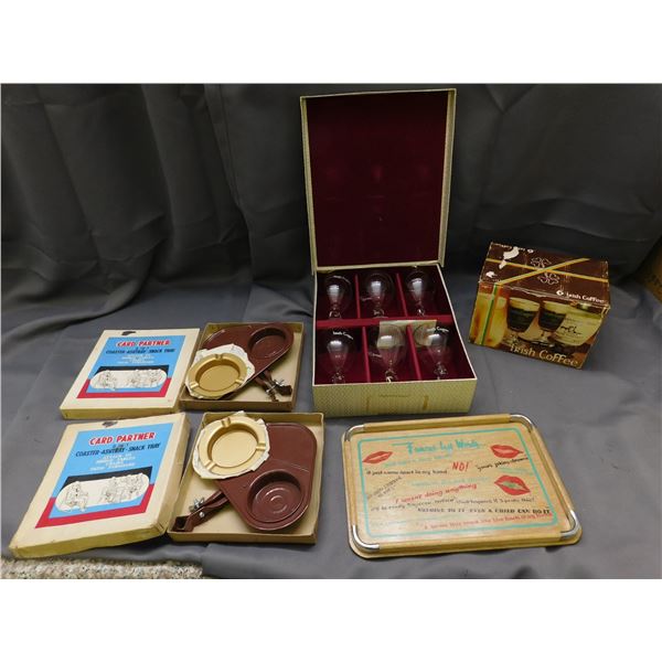Lot of 3 Serving Tin, Irish Coffee Glasses Sets, Card Table Partners Ash Tray & Drink Holder