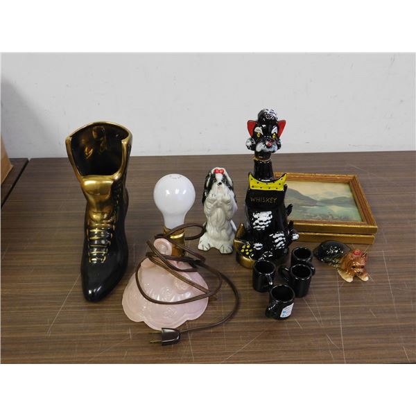 END OF THE RUN 11pcs Assorted Shot Glasses, Cat Figurine, Framed Art, Lamp, Boot