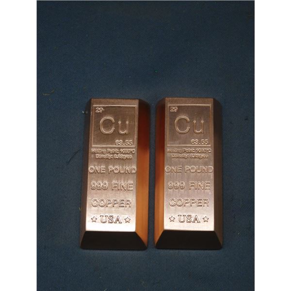 Lot of 2 1 Pound Copper Bars USA