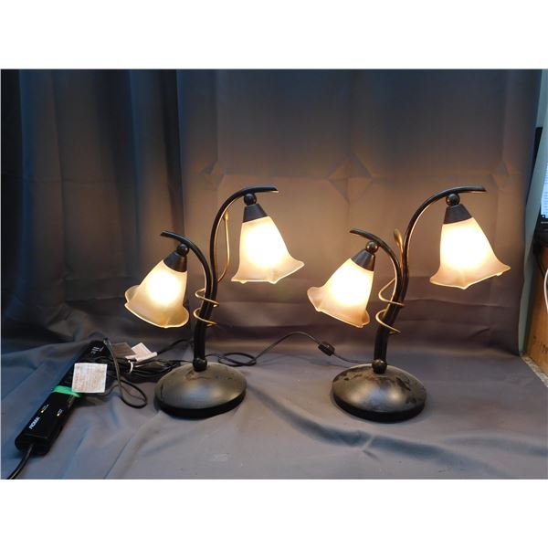 Pair of Tulip Amber Shade Desk Lamps with Bronzed Arms *working*