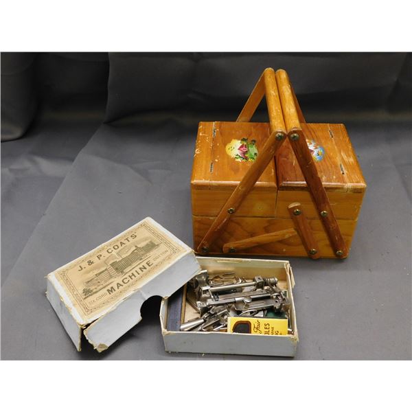 2pc Mini Wooden Sewing Fold-Out Box & J&P Coats Machine Parts