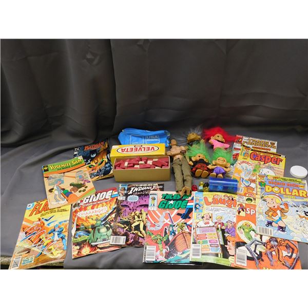 Bundle of Vintage Toys Trolls, Comic Books, Bricks, Dice