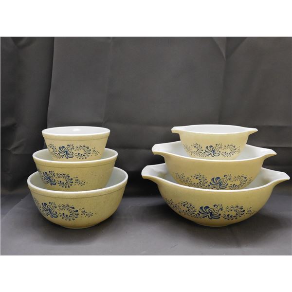 Lot of 6pcs PYREX "Homestead" Beige & Blue Paisley Mixing Bowl & Cinderella Lot