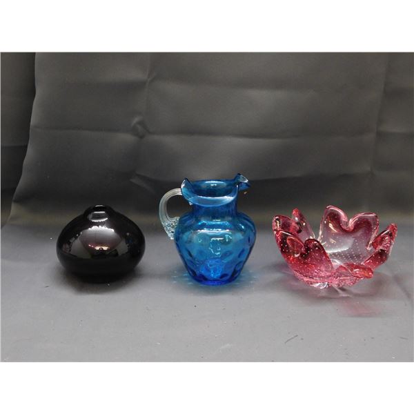 3pcs Art Glass Blown Glass PItcher, Leaf Dish & Bud Vase