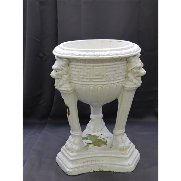 Painted White Pottery Lawn Garden Planter Plant Stand, Goat Man Detailing, Footed Base.