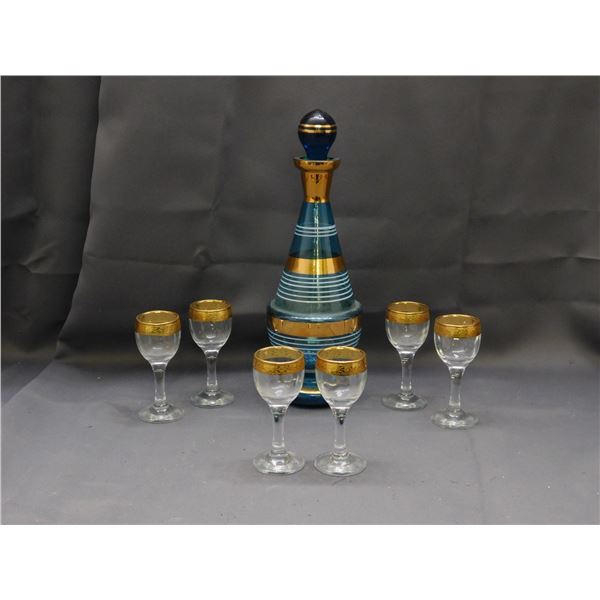 Blue & Gold Striped Art Deco Decanter Set with 6 Wine Glasses