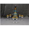 Image 1 : Blue & Gold Striped Art Deco Decanter Set with 6 Wine Glasses