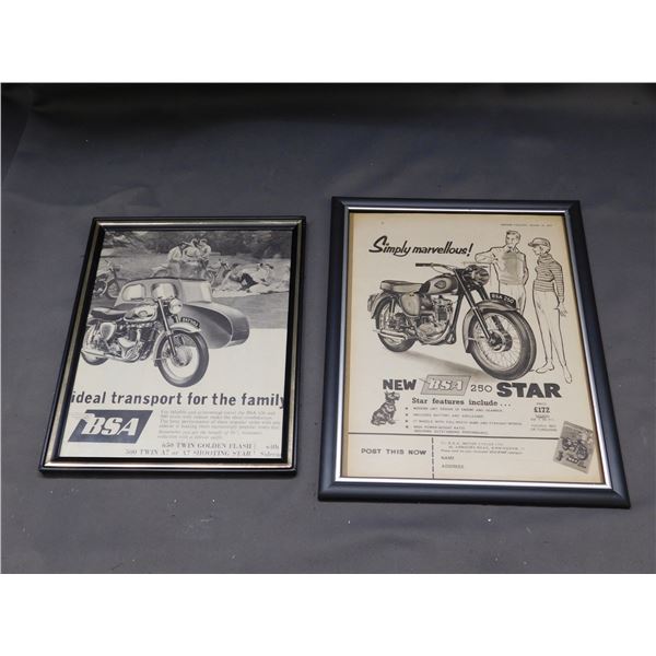 Pair of Framed Motorcycle Ad Magazine Clippings  New BSA 250 Star , 650 Twin Flash Vintage Antique