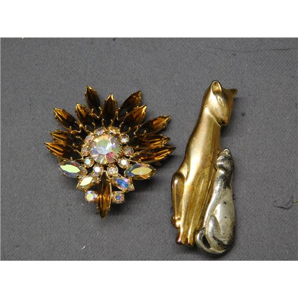 2pcs Rhinestone Brooch Unmarked & Cat Brooch Unmarked