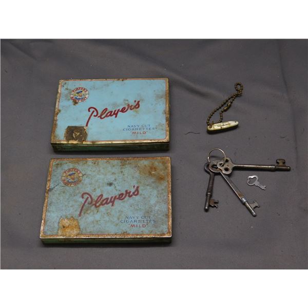 5pcs Vintage Junk Drawer Skeleton Keys, Players Cigarette Tins, Keychain Swiss Army Knife