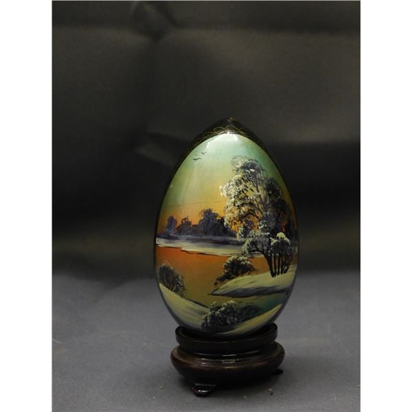 Antique Hand Painted Wooden Egg Russian Artist Signed Ae Mockba Landscape Scene