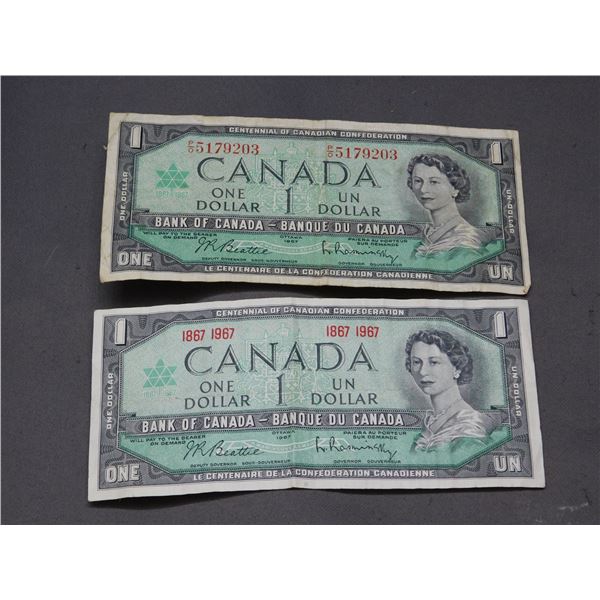 Lot of 2 Canadian 1 Dollar Bills Serial Number Marking / Date Marking
