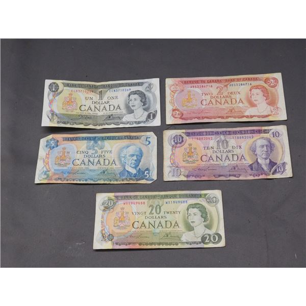 Lot of 5 Vintage Canadian Paper Money $1, $2, $5, $10, $20 1970s
