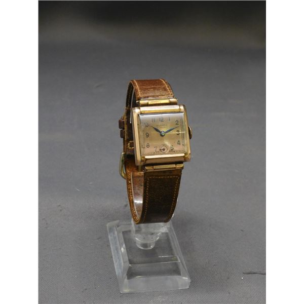 Olympic 17 Jewel Wristwatch Leather Strap Mid Century Engraving on Back 1941