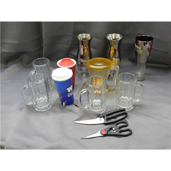Bundle of Kitchen / Drink Ware Beer Glasses, Silver Fade MGM Glasses, Travel Mugs, Etc