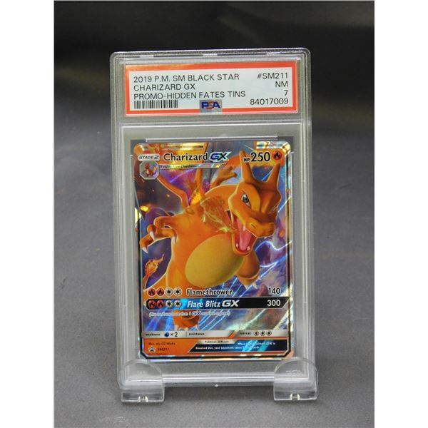 2019 P.M. SM Black Star Charizard GX Promo Hidden Fates Tin SM211 NM 7 PSA Graded Card