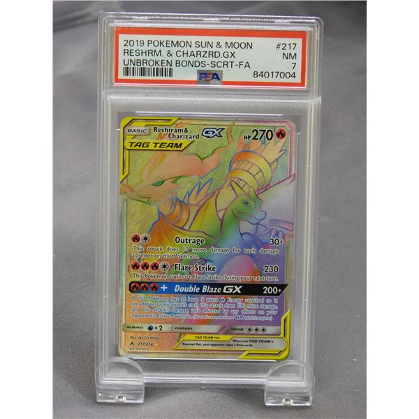 2019 Pokemon SUN & MOON Reshiram & Charizard GX Unbroken Bonds #217 NM 7 PSA Graded