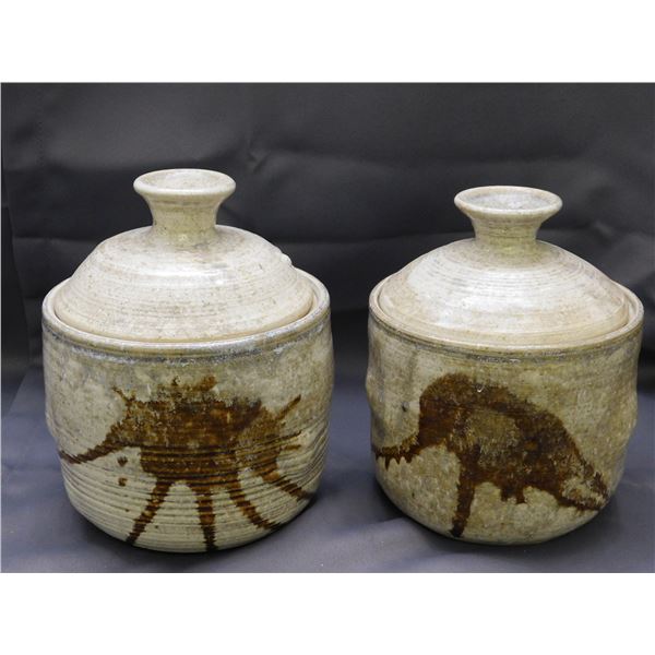 Pair of Artist Signed Ceramic Studio Art Pottery Stoneware Jars w Lids