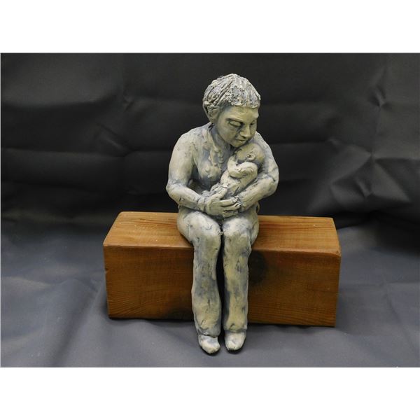 Mother and Child Sculpted Pottery Artist Original Clay Figure Mounted on Wood, Hand Made OOAK