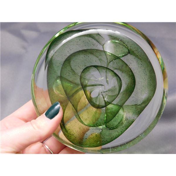 Art Glass Blown Glass Paperweight Green Abstract Geometric Swirls Art Piece