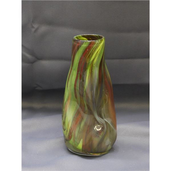 Art Glass Blown Glass Green Pinched Vase 7.5" Tall