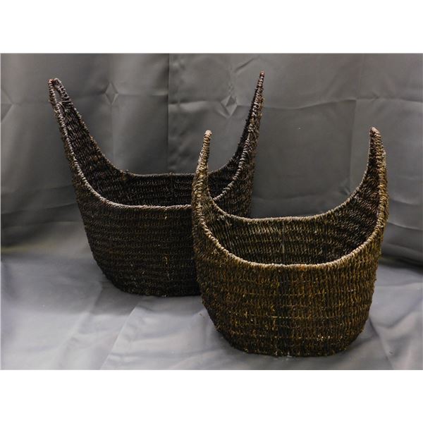 Lot of 2 Wicker Woven Baskets Dark Colour with Handles