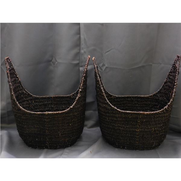 Lot of 2 Wicker Woven Baskets Dark Colour with Handles