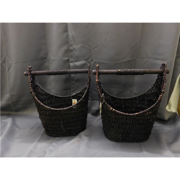 Pair of Wicker Baskets with Dowel Handles Dark Colour by Janet Basket Toronto