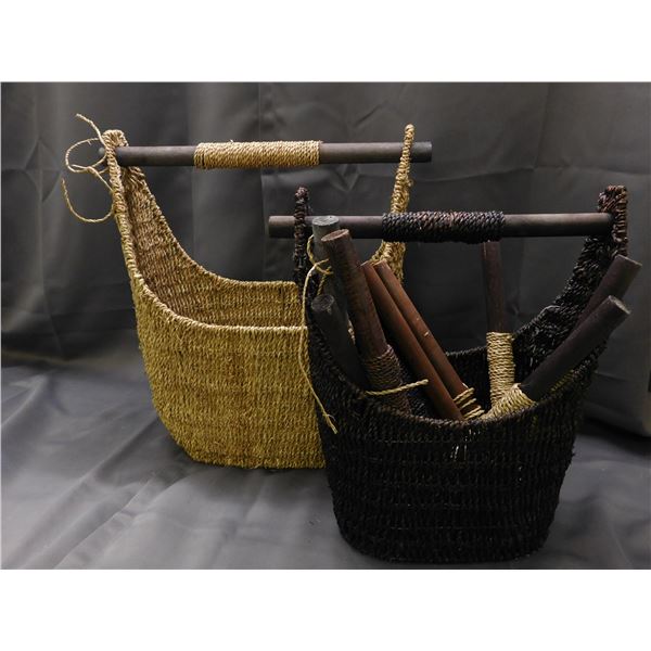 Pair of Wicker Baskets with Dowel Handles Tan & Dark Colours, Extra Handles, Janet Basket Toronto