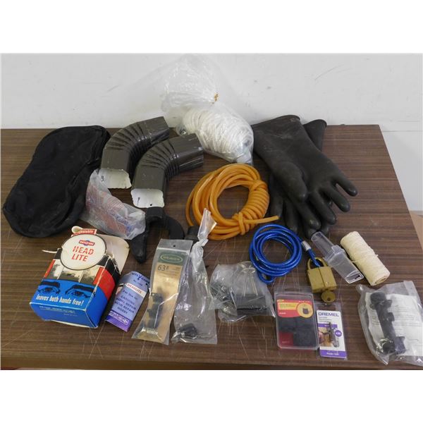 Lot of Assorted Handyman, Drill Bit, Gutter Pieces, Tubing, Rope, Headlamp, Rubber Gloves, Etc